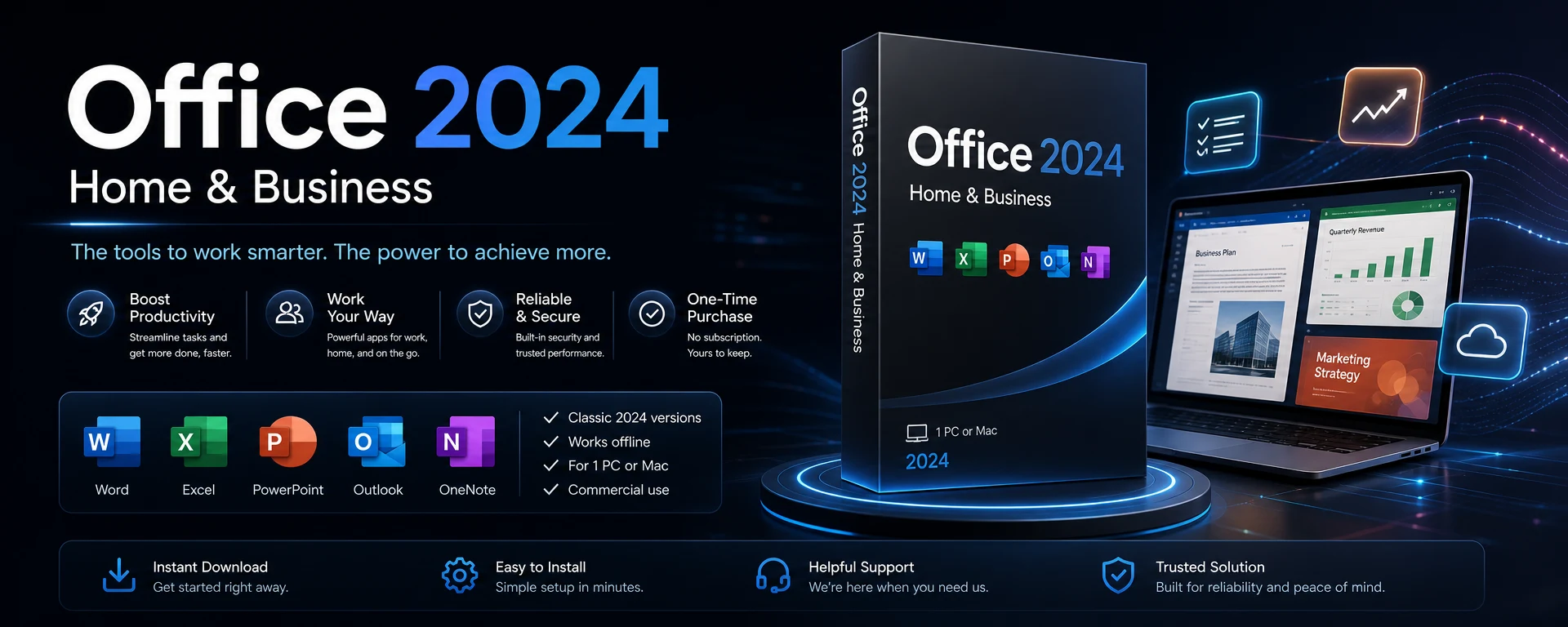 Microsoft Office 2024 Home and Business digital license key for Mac and PC.